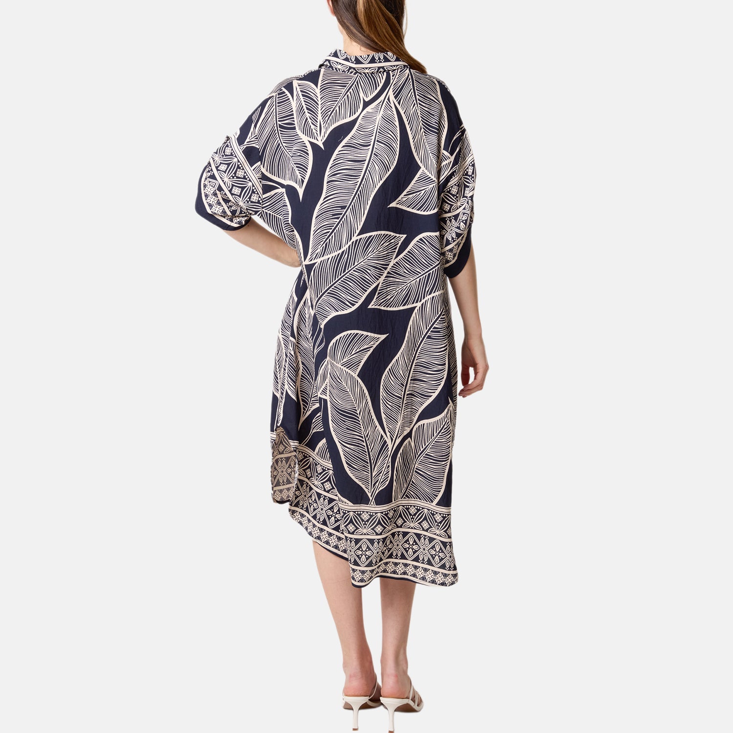 Chilli Charm Leaf Print Short Sleeve Shirt Dress (One Size) - Navy V32512601 2