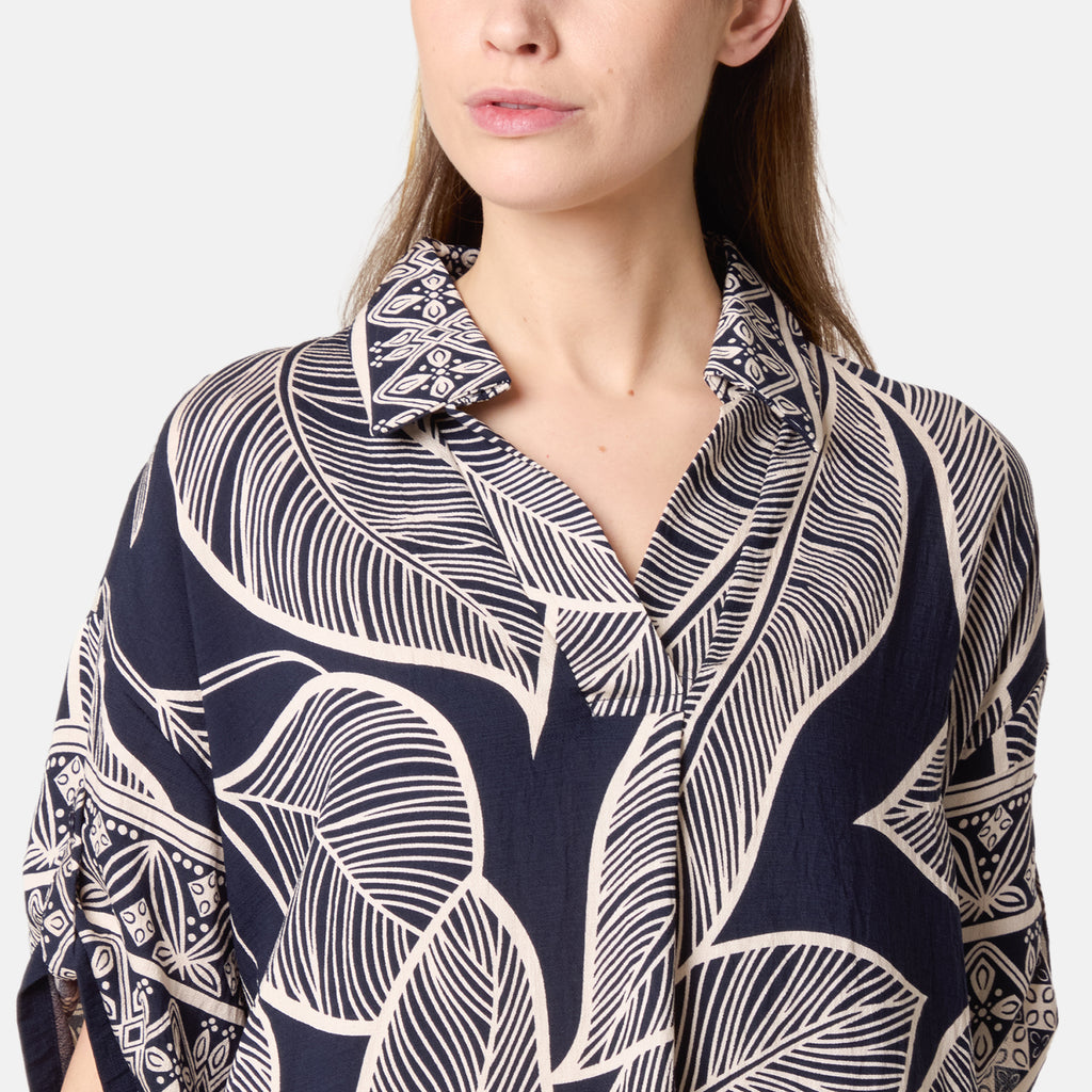 Chilli Charm Leaf Print Short Sleeve Shirt Dress (One Size) - Navy_8564392_3