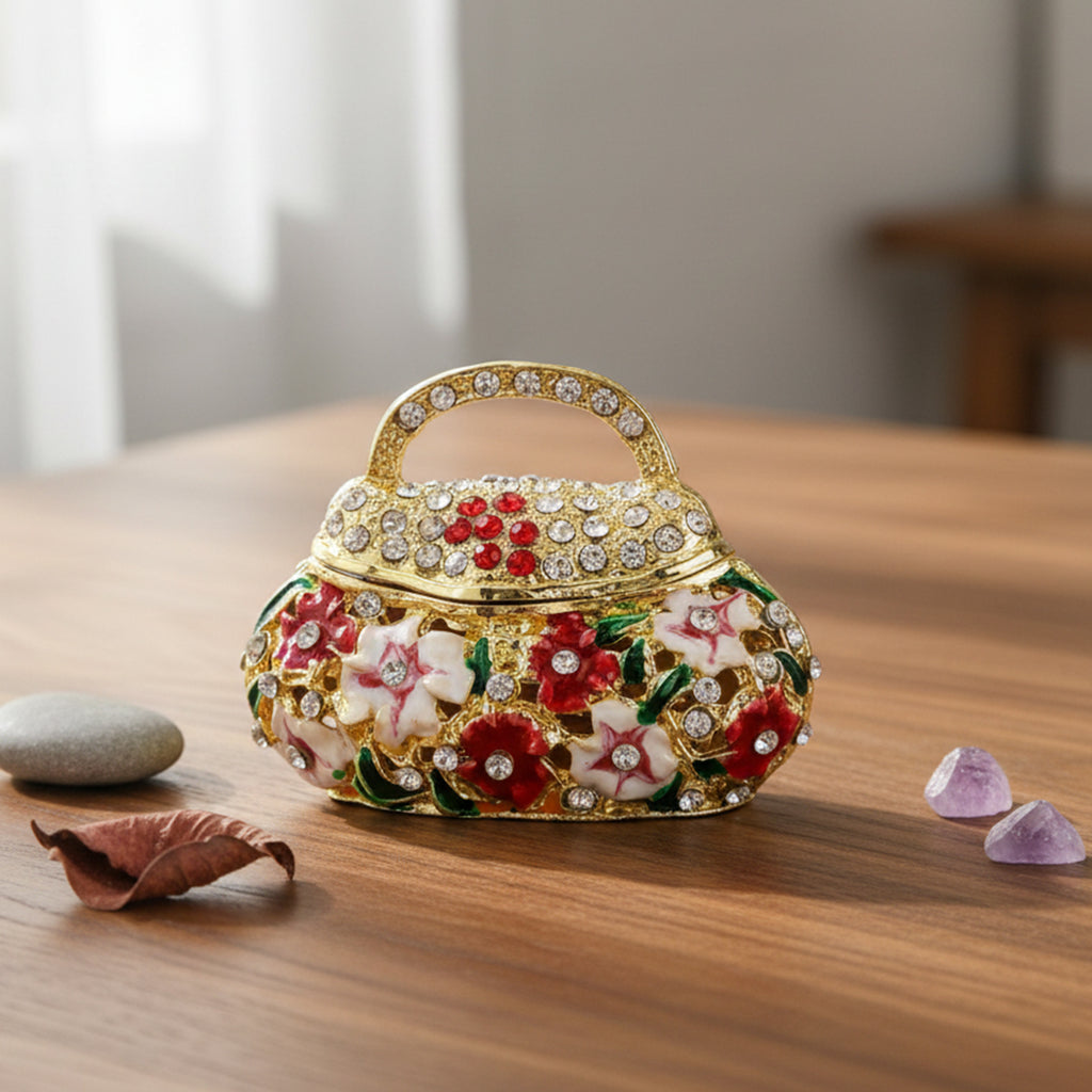 LIVMORE Rhinestones Enamelled Tote Bag Shaped Trinket Jewellery Box - Red & Gold_8564795_1