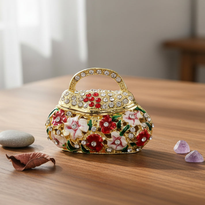 LIVMORE Rhinestones Enamelled Tote Bag Shaped Trinket Jewellery Box - Red &amp; Gold 8564795 2