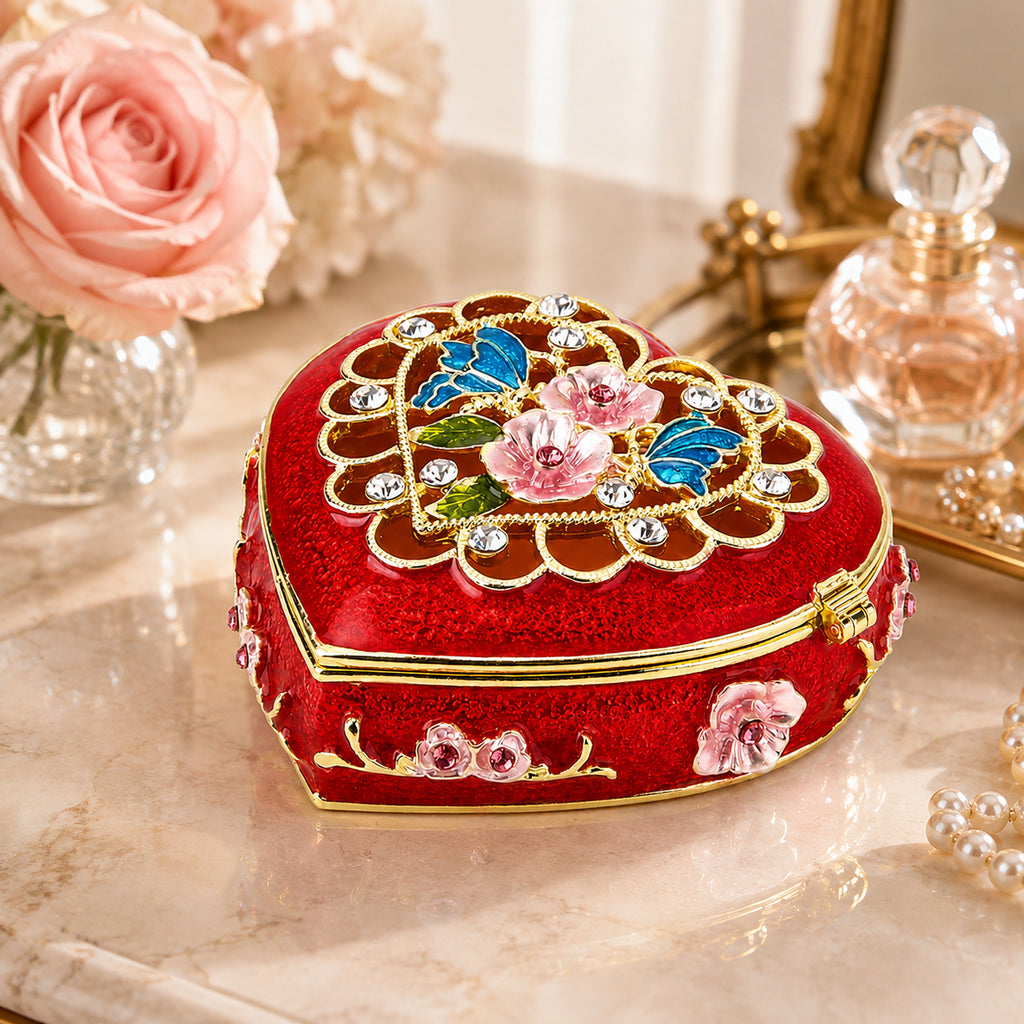 LIVMORE Floral Design Multi-colour Rhinestones Enamelled Heart Shaped Trinket Jewellery Box - Red, Pink & Gold_8564798_1