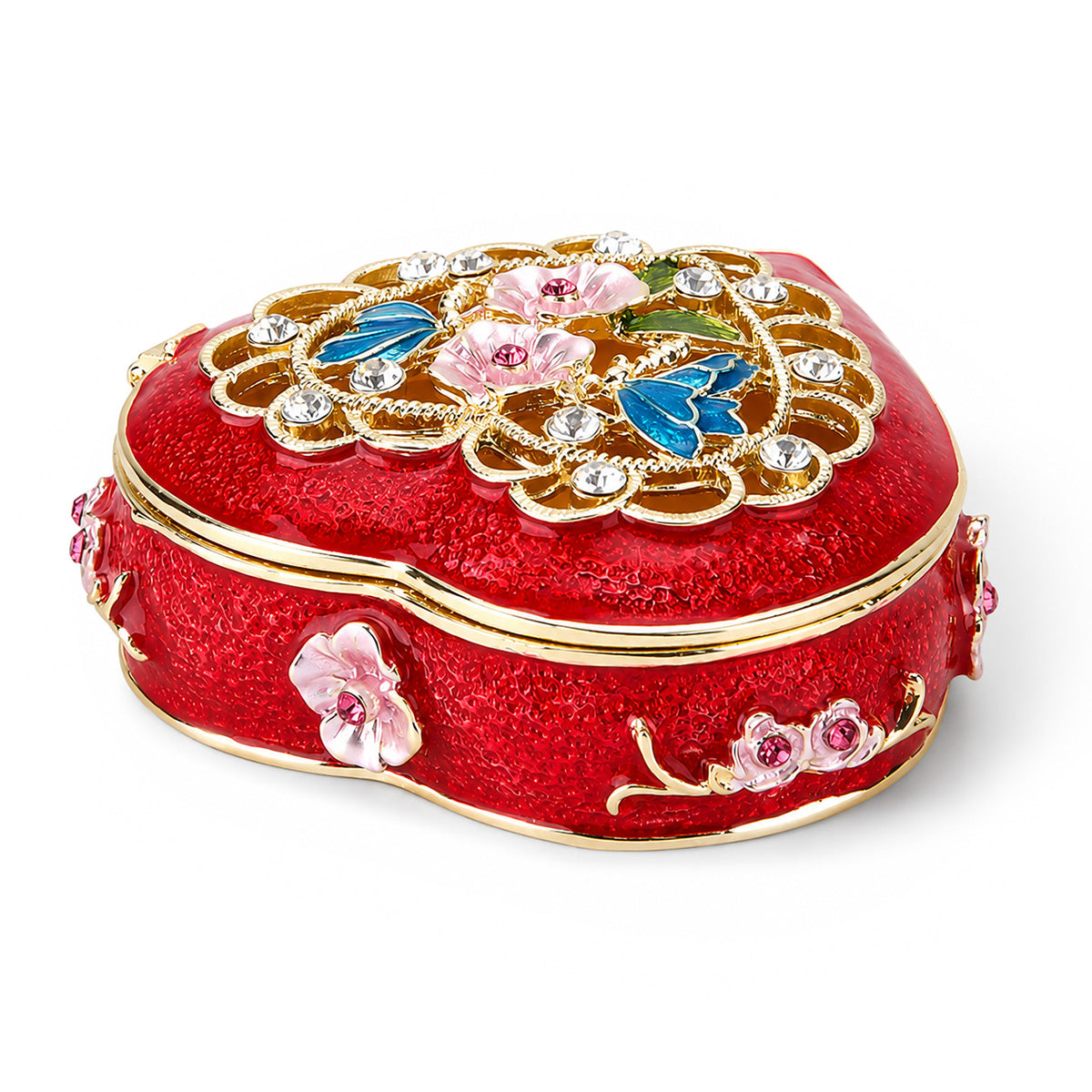 LIVMORE Floral Design Multi-colour Rhinestones Enamelled Heart Shaped Trinket Jewellery Box - Red, Pink &amp; Gold V32636988 3