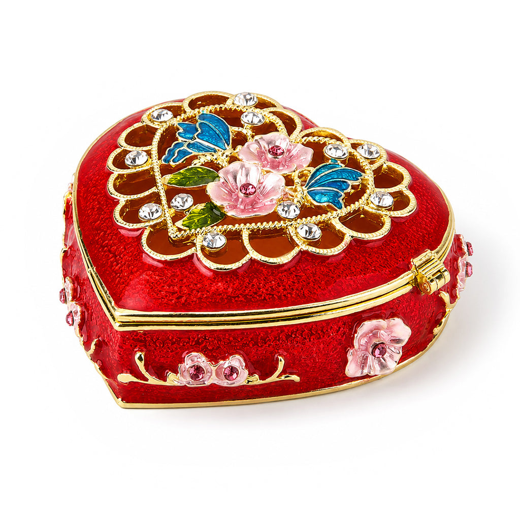 LIVMORE Floral Design Multi-colour Rhinestones Enamelled Heart Shaped Trinket Jewellery Box - Red, Pink & Gold_8564798_3