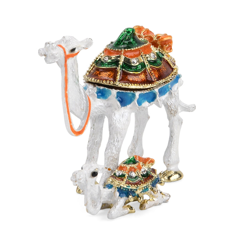 LIVMORE Silver & Multi-colour Rhinestones Enamelled Camel Shaped Trinket Jewellery Box - White & Green_8564910