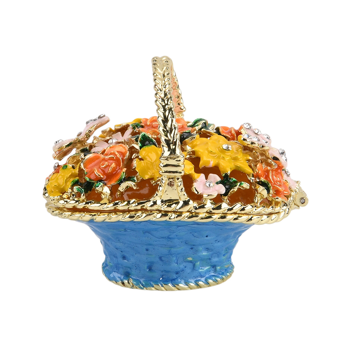 LIVMORE Silver &amp; Multi-colour Rhinestones Enamelled Flower Basket Shaped Trinket Jewellery Box - Blue V32637054 4