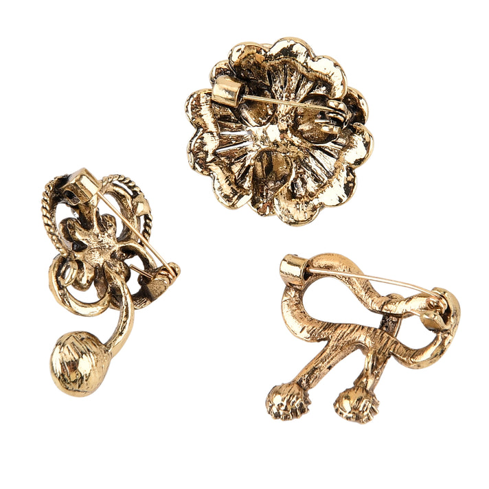 Set of 3 - Vintage Style Crystal Bow Flower &amp; Oval Brooch Set - Dark Gold with White Pearl 8564922 2