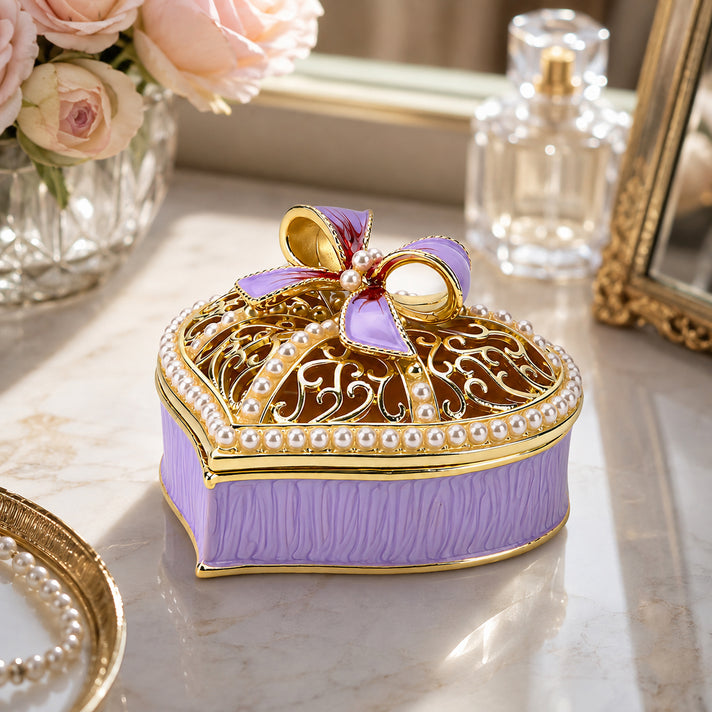LIVMORE Gold Rhinestones Enamelled Heart Design Trinket Jewellery Box - White &amp; Purple 8564944 2
