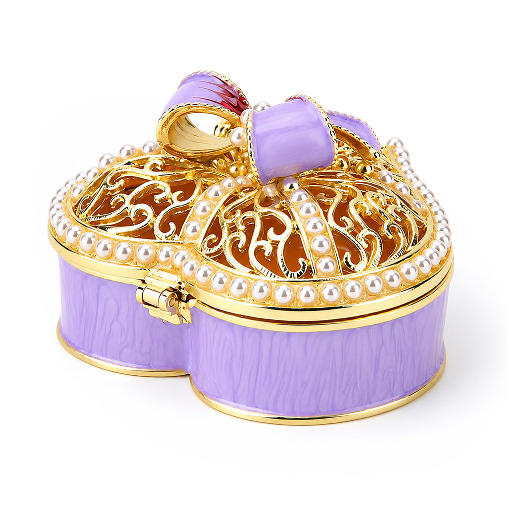 LIVMORE Gold Rhinestones Enamelled Heart Design Trinket Jewellery Box - White & Purple_8564944