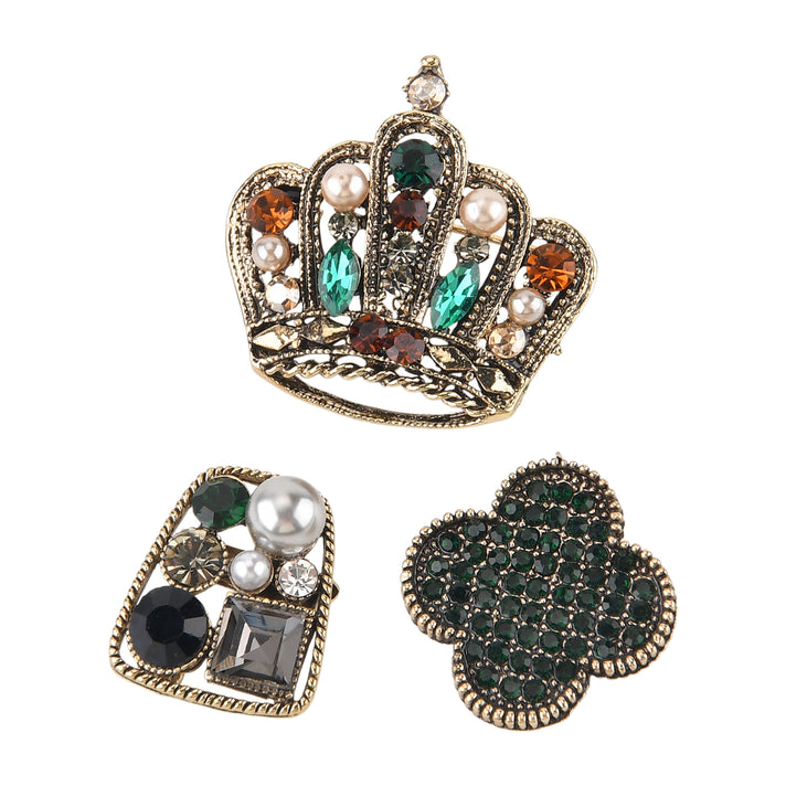 Set of 3 - Vintage Style Crystal Bow Flower &amp; Crown Brooch Set - Green &amp; Gold. 8565012 1