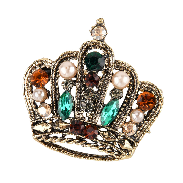 Set of 3 - Vintage Style Crystal Bow Flower &amp; Crown Brooch Set - Green &amp; Gold. 8565012 2