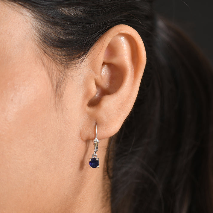 D'Joy Masoala Sapphire Solitaire Stud Earring with Lever Back in Rhodium Overlay Sterling Silver 2.00 Ct. 8565055 2