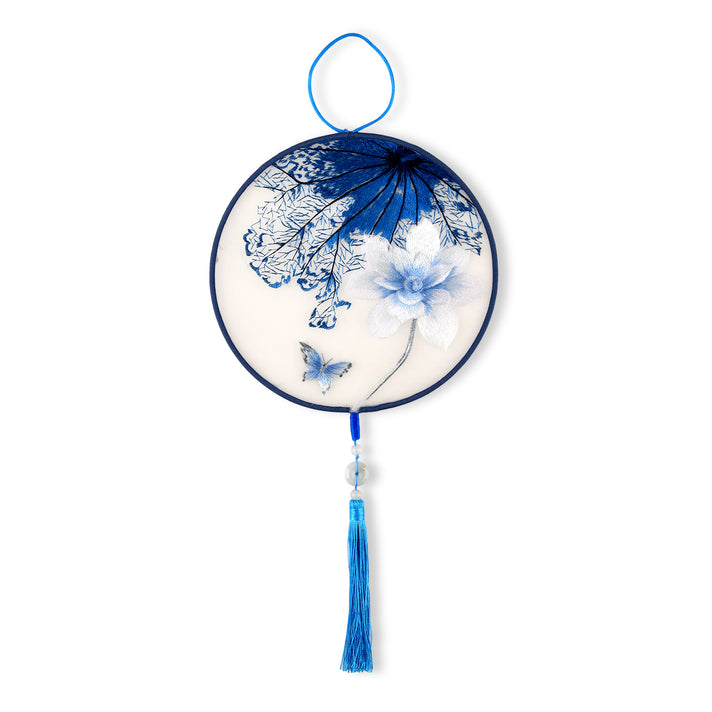 LIVMORE Traditional Oriental Flower Double-Sided Embroidered Hanging Wall Ornament with Jade Pendant &amp; Tassel (20cm) - Navy &amp; White 8565100 1