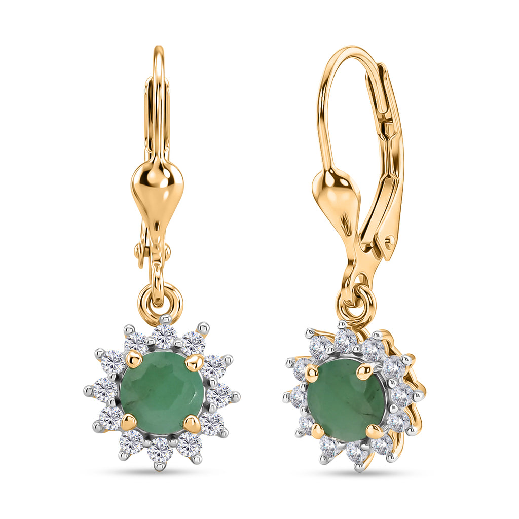 Royal Bali Collection - D'Joy Socoto Emerald & White Zircon Halo Earring with Lever Back in 18K Vermeil Yellow Gold Plated Sterling Silver 1.42 Ct._8565197