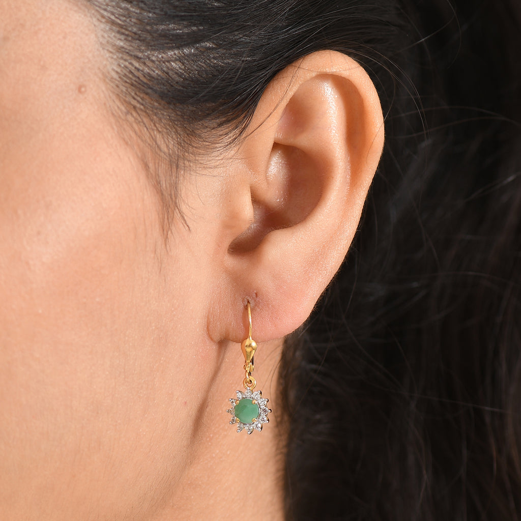 Royal Bali Collection - D'Joy Socoto Emerald & White Zircon Halo Earring with Lever Back in 18K Vermeil Yellow Gold Plated Sterling Silver 1.42 Ct._8565197_1