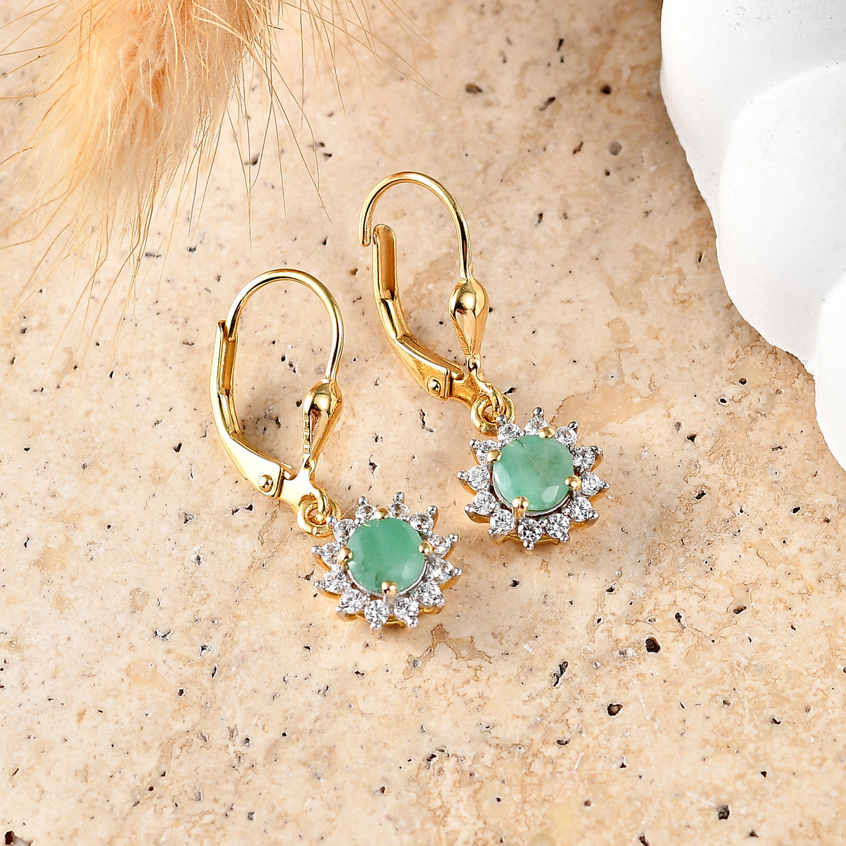 Royal Bali Collection - D'Joy Socoto Emerald &amp; White Zircon Halo Earring with Lever Back in 18K Vermeil Yellow Gold Plated Sterling Silver 1.42 Ct. 8565197 3