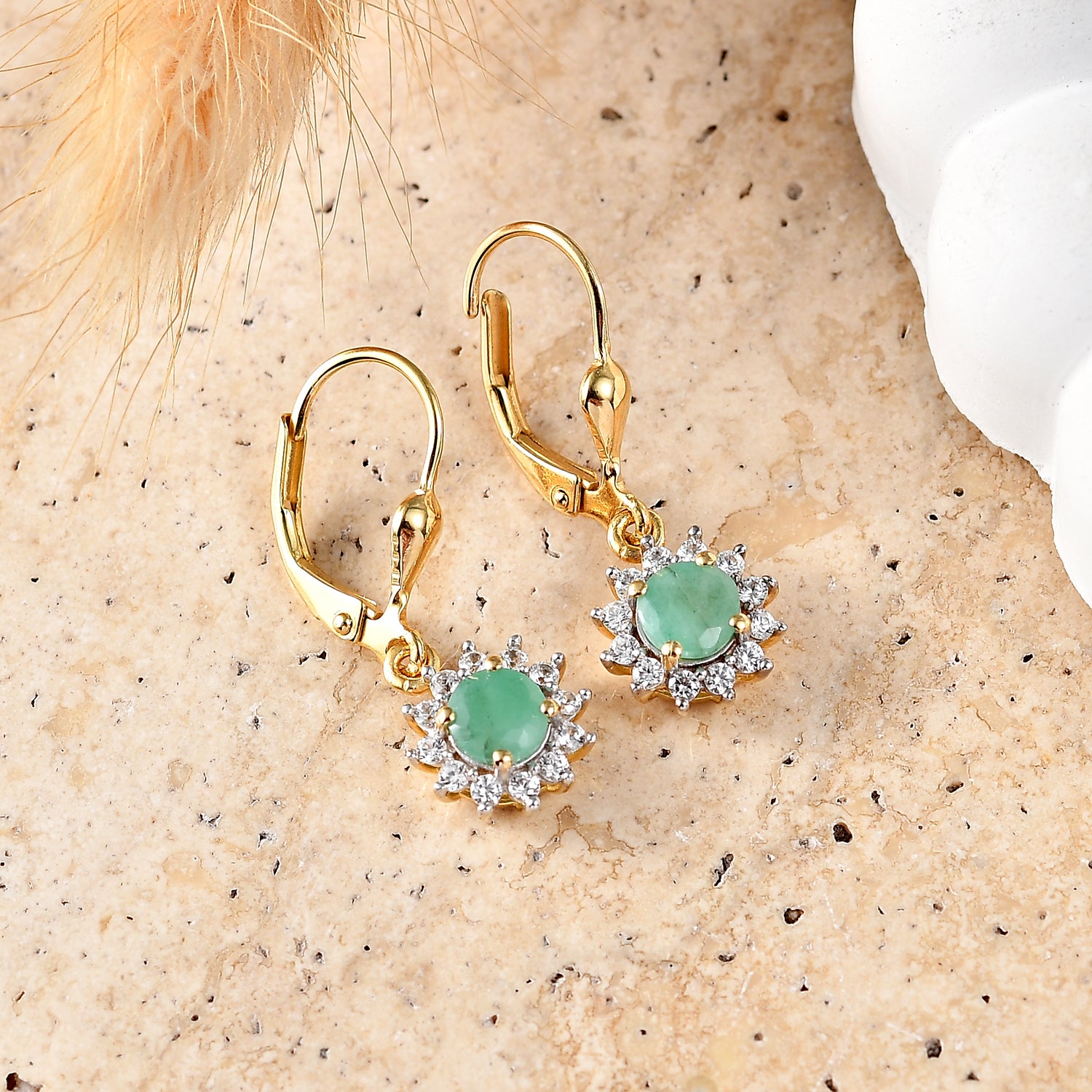 Royal Bali Collection - D'Joy Socoto Emerald &amp; White Zircon Halo Earring with Lever Back in 18K Vermeil Yellow Gold Plated Sterling Silver 1.42 Ct. 8565197 3