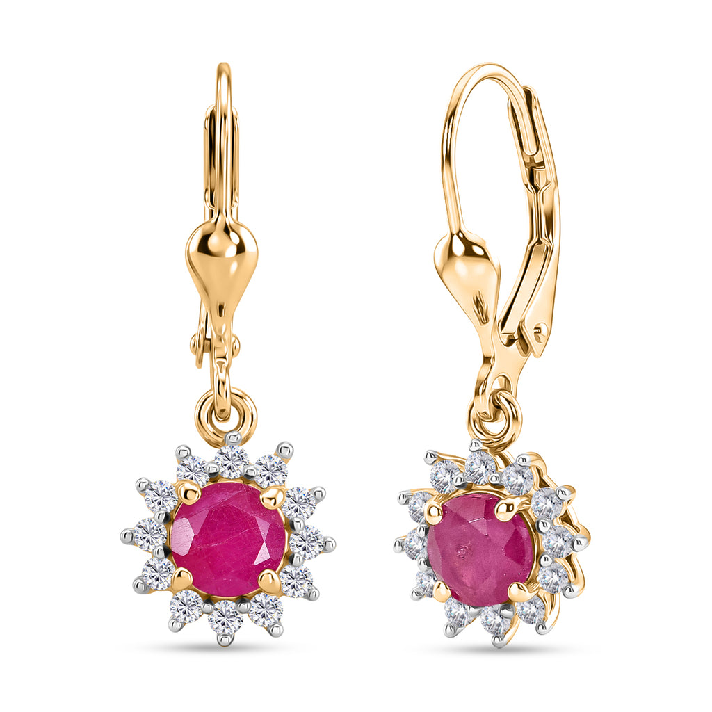 Royal Bali Collection - D'Joy African Ruby & White Zircon Earring with Lever Back in 18K Vermeil Yellow Gold Plated Sterling Silver 2.00 Ct._8565201