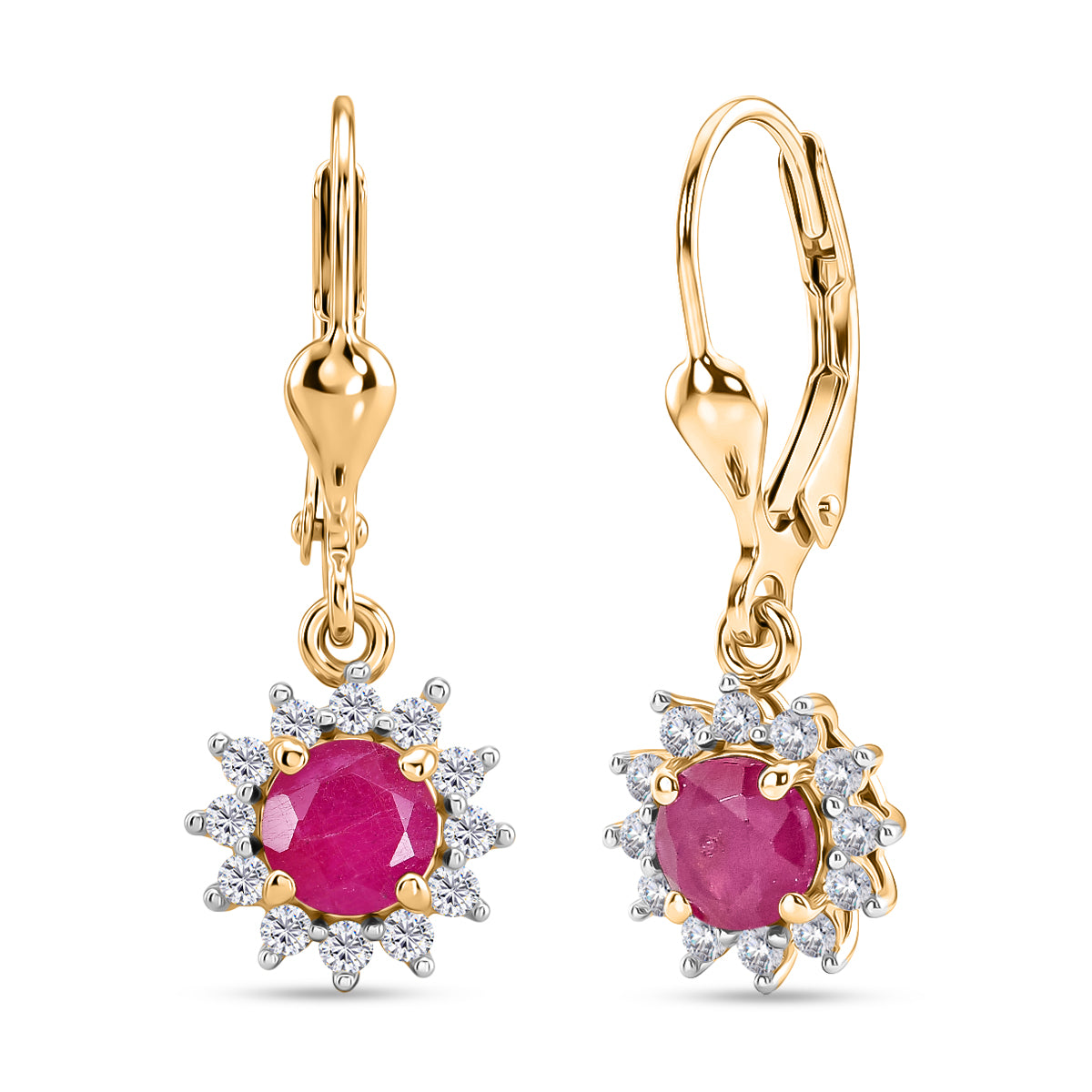 Royal Bali Collection - D'Joy African Ruby &amp; White Zircon Earring with Lever Back in 18K Vermeil Yellow Gold Plated Sterling Silver 2.00 Ct. 8565201 0