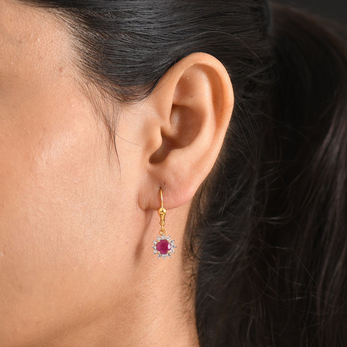 Royal Bali Collection - D'Joy African Ruby &amp; White Zircon Earring with Lever Back in 18K Vermeil Yellow Gold Plated Sterling Silver 2.00 Ct. 8565201 2