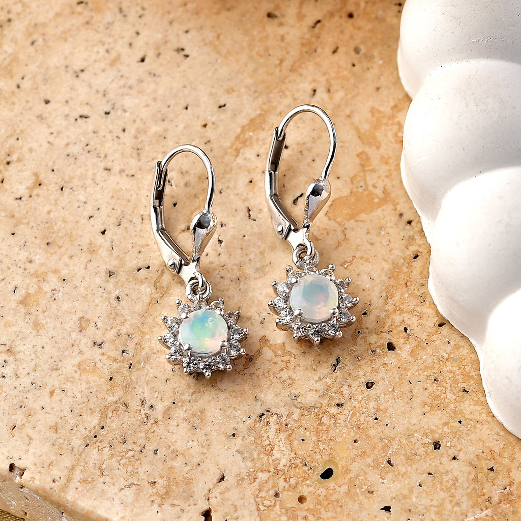 Royal Bali Collection - D'Joy Ethiopian Opal & White Zircon Earring with Lever Back in Rhodium Overlay Sterling Silver 1.13 Ct._8565206_2