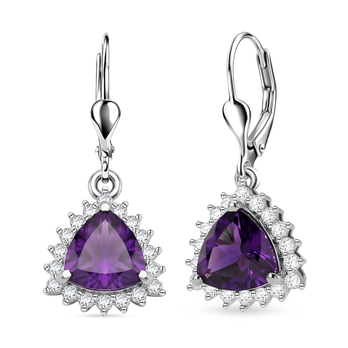 D'Joy African Amethyst February Birthstone Trillion Cut Halo Earring with Lever Back in Rhodium Overlay Sterling Silver 1.65 Ct. 8565210 0