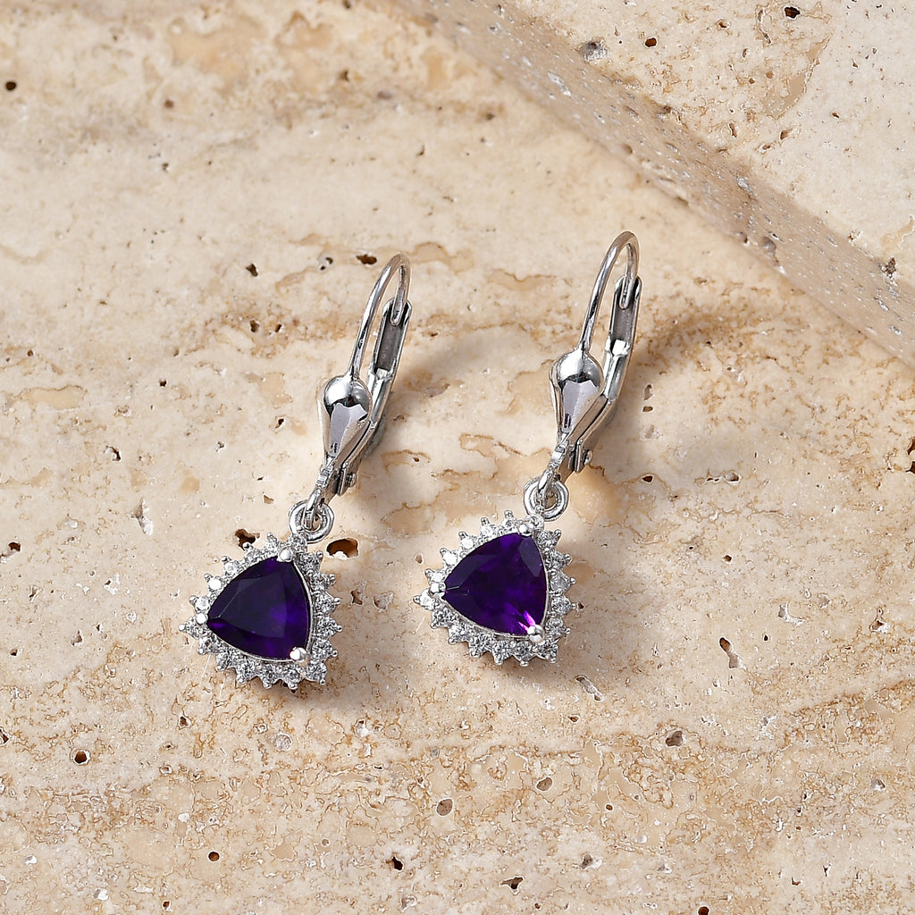 Royal Bali Collection - D'Joy African Amethyst & White Zircon Trillion Cut Halo Earring with Lever Back in Rhodium Overlay Sterling Silver  1.65 Ct._8565210_2