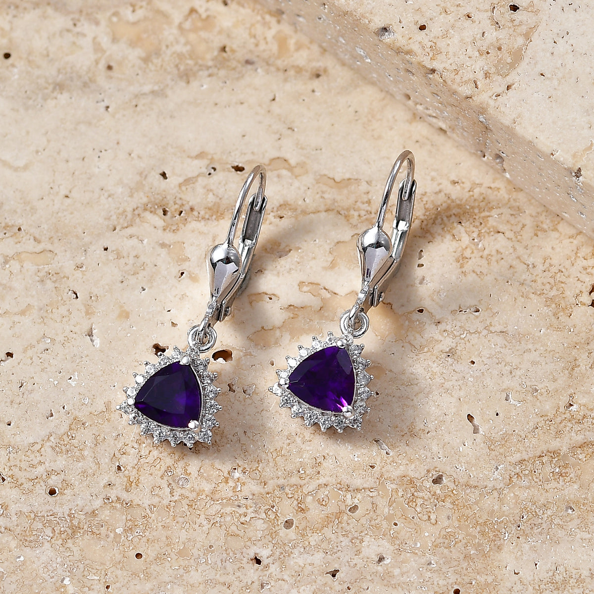 D'Joy African Amethyst February Birthstone Trillion Cut Halo Earring with Lever Back in Rhodium Overlay Sterling Silver 1.65 Ct. 8565210 3