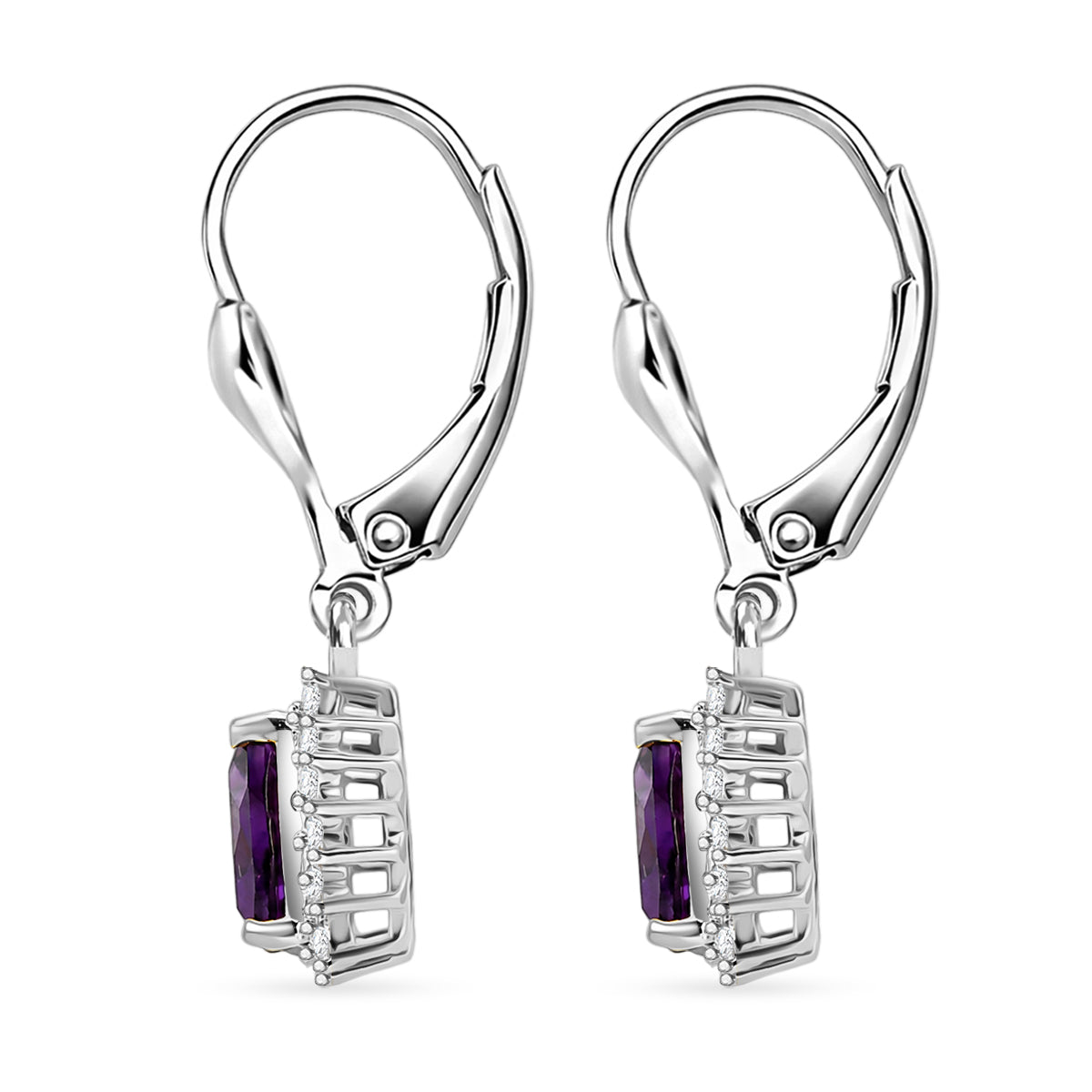 D'Joy African Amethyst February Birthstone Trillion Cut Halo Earring with Lever Back in Rhodium Overlay Sterling Silver 1.65 Ct. 8565210 4
