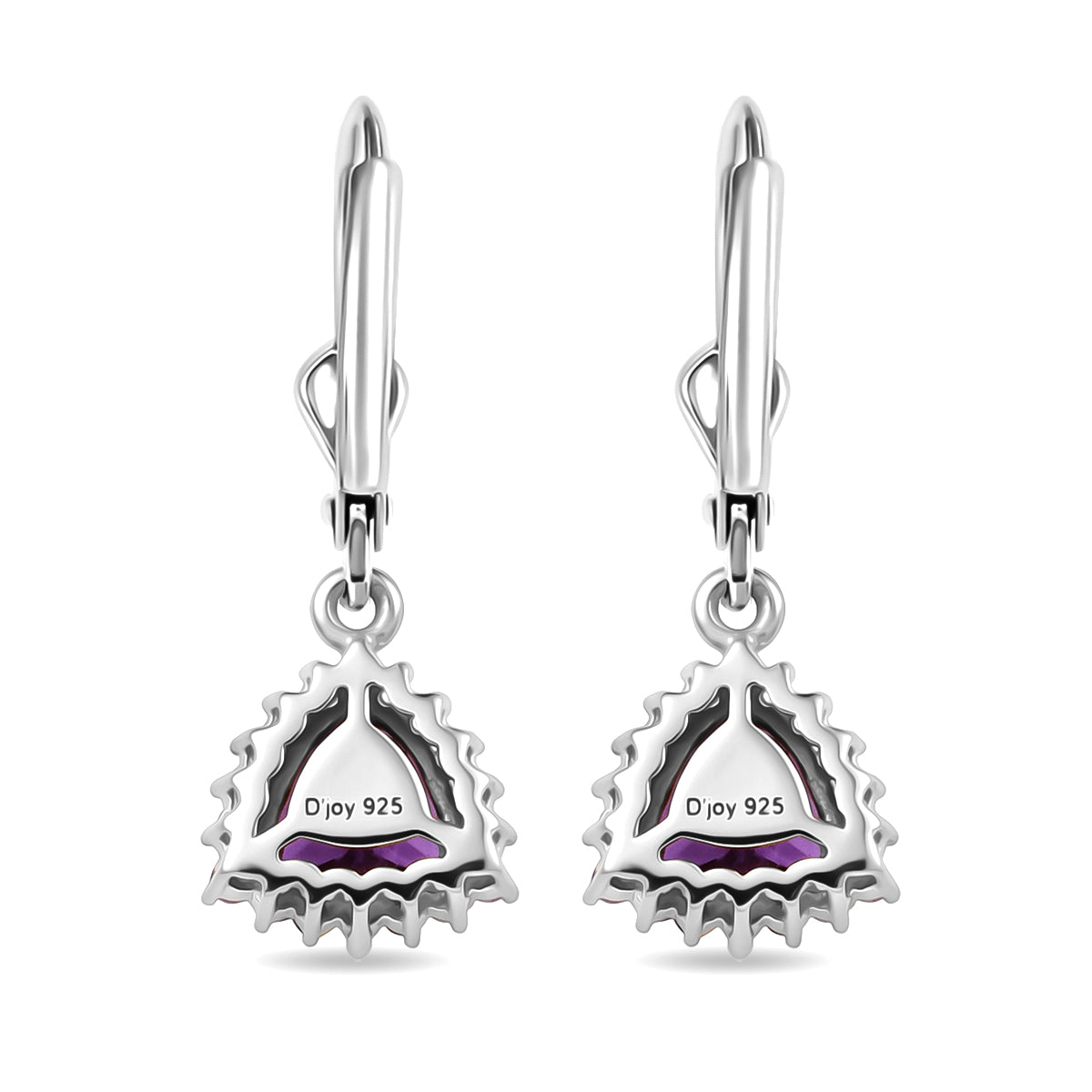 D'Joy African Amethyst February Birthstone Trillion Cut Halo Earring with Lever Back in Rhodium Overlay Sterling Silver 1.65 Ct. 8565210 5