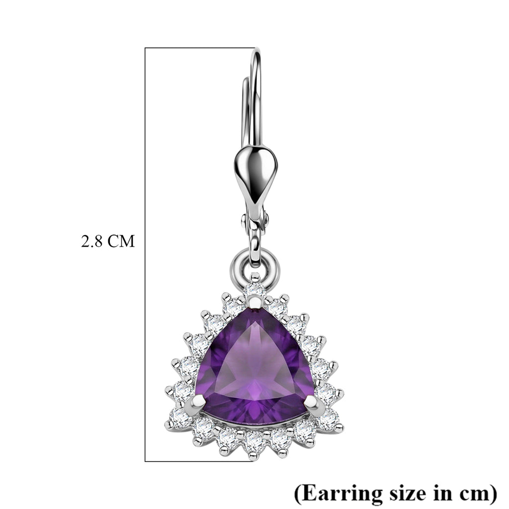 Royal Bali Collection - D'Joy African Amethyst & White Zircon Trillion Cut Halo Earring with Lever Back in Rhodium Overlay Sterling Silver  1.65 Ct._8565210_5