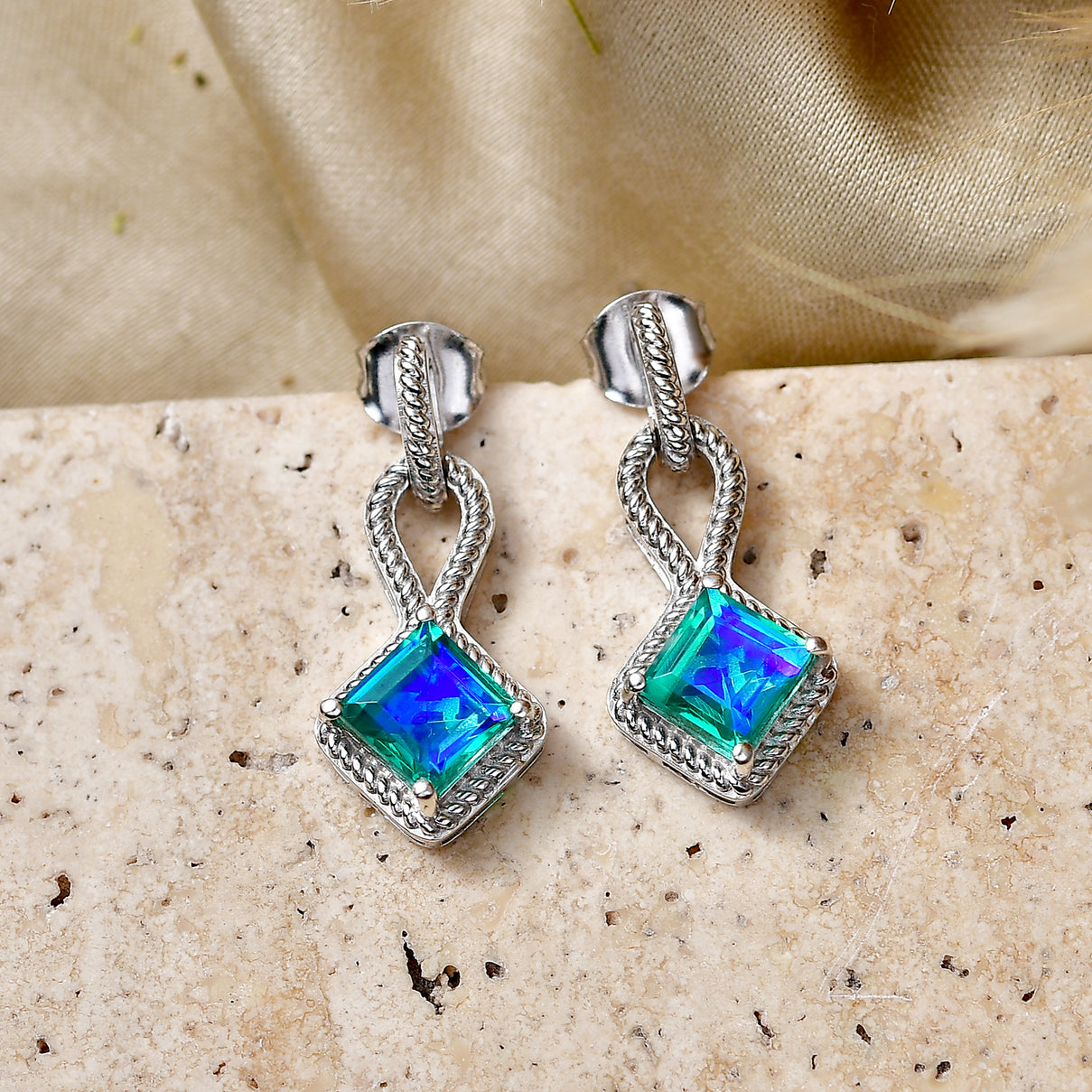D'Joy - Peacock Triplet Quartz Dangling Earring with Push Post in Platinum Overlay Sterling Silver 2.65 Ct. V32515091 3