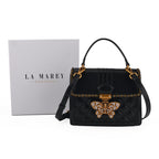 La Marey Signature Genuine Leather Quilted Butterfly Top Handle Bag with Crossbody Strap - Black_8565227