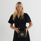La Marey Signature Genuine Leather Quilted Butterfly Top Handle Bag with Crossbody Strap - Black_8565227_1