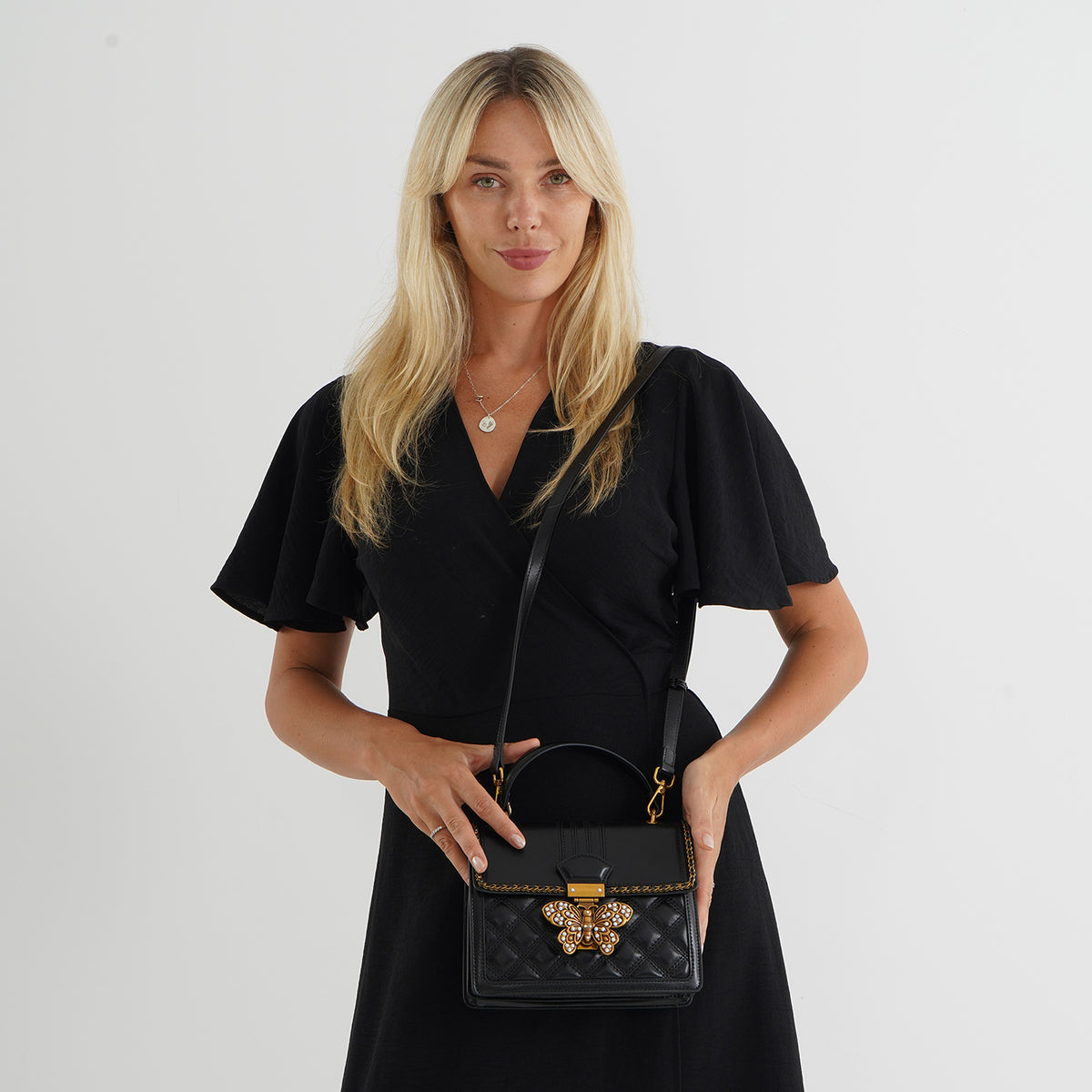 La Marey Signature Genuine Leather Quilted Butterfly Top Handle Bag with Crossbody Strap - Black 8565227 2