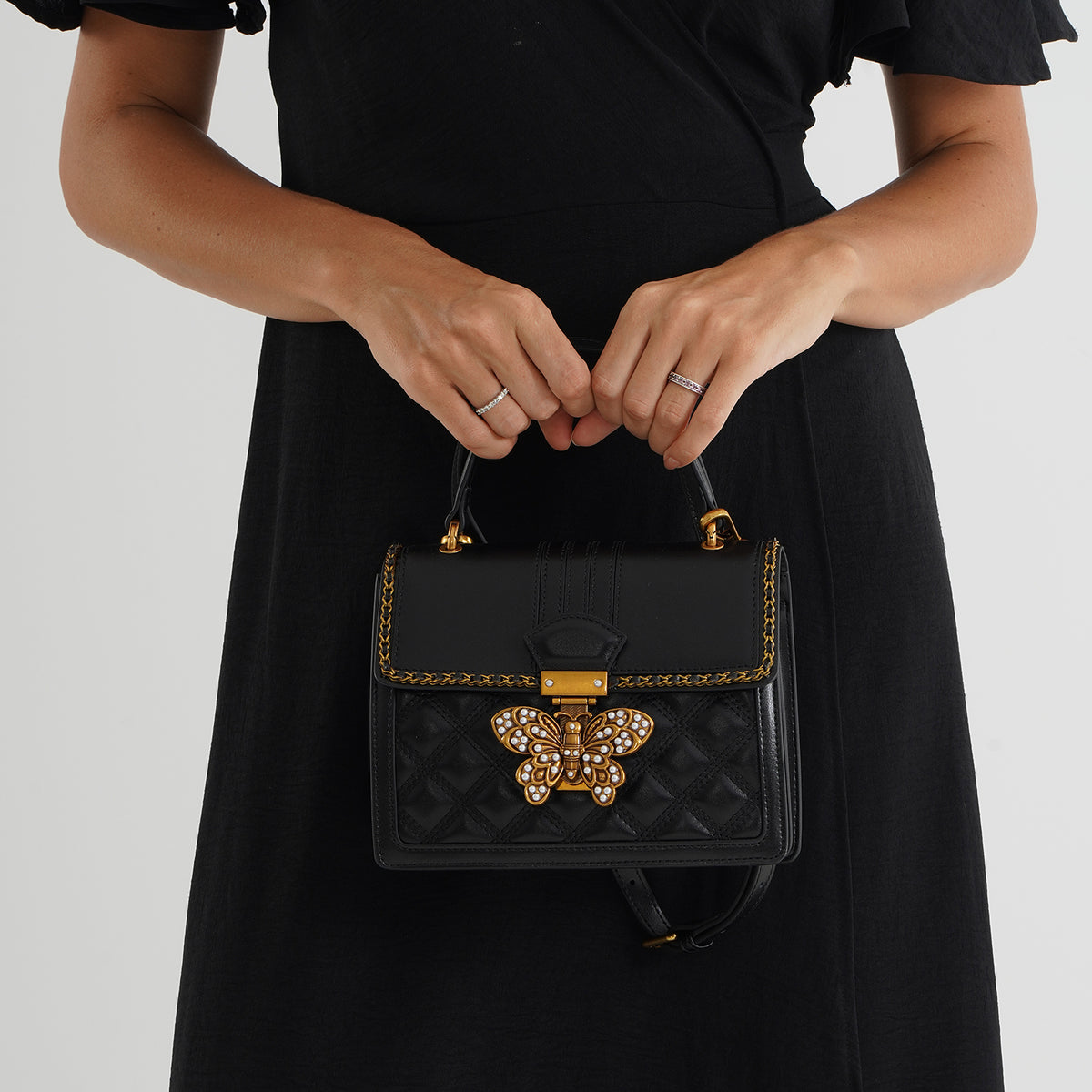 La Marey Signature Genuine Leather Quilted Butterfly Top Handle Bag with Crossbody Strap - Black 8565227 3