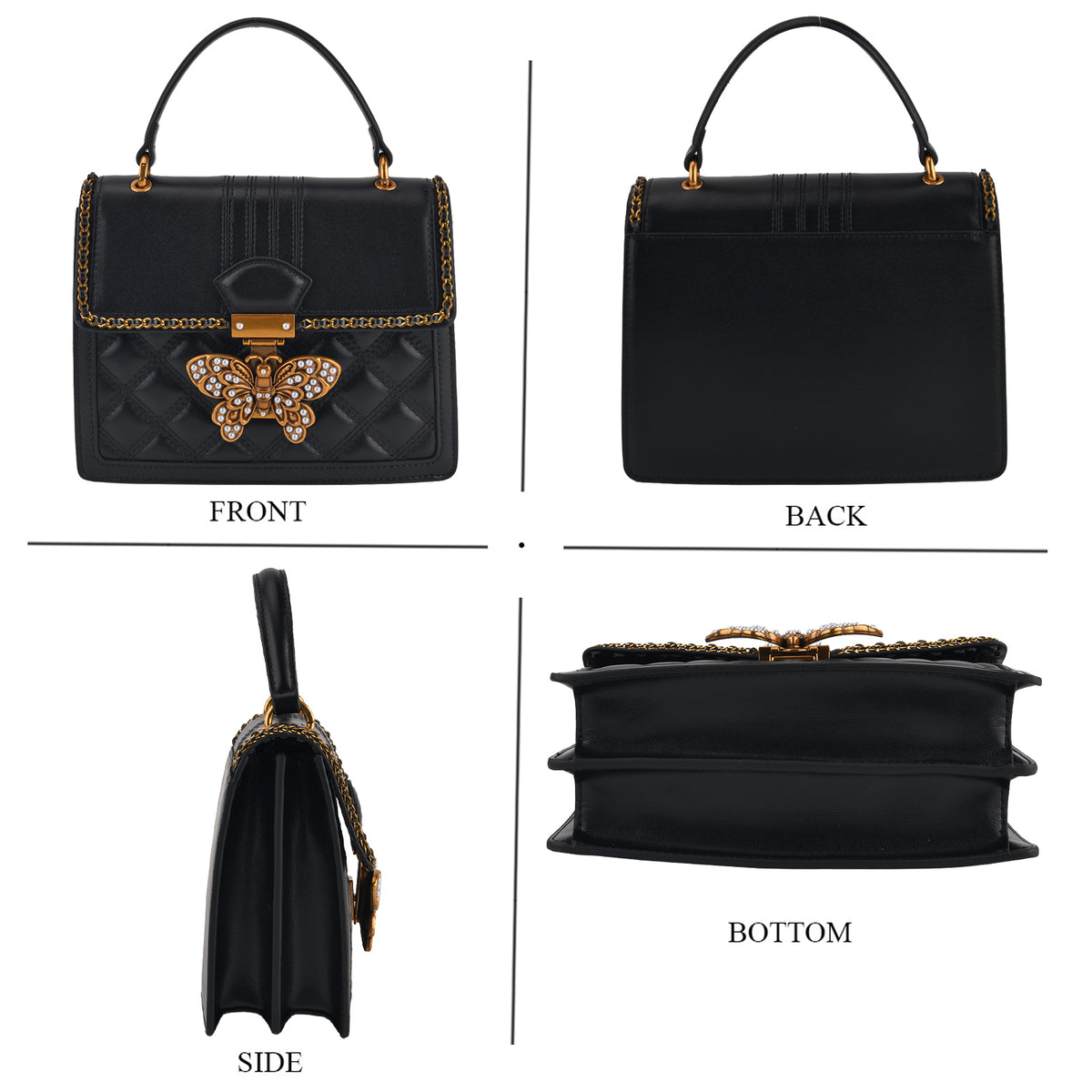 La Marey Signature Genuine Leather Quilted Butterfly Top Handle Bag with Crossbody Strap - Black 8565227 4