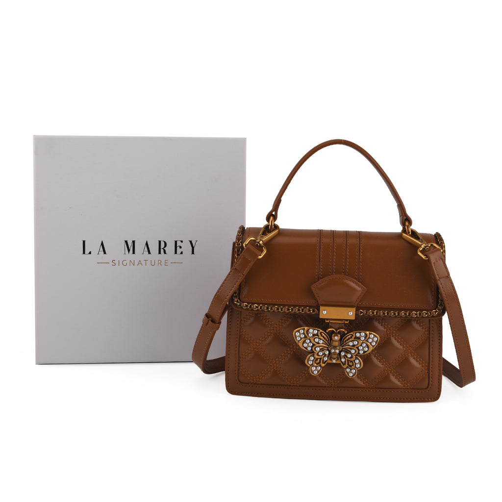 La Marey Signature Genuine Leather Quilted Butterfly Top Handle Bag with Crossbody Strap - Brown_8565228