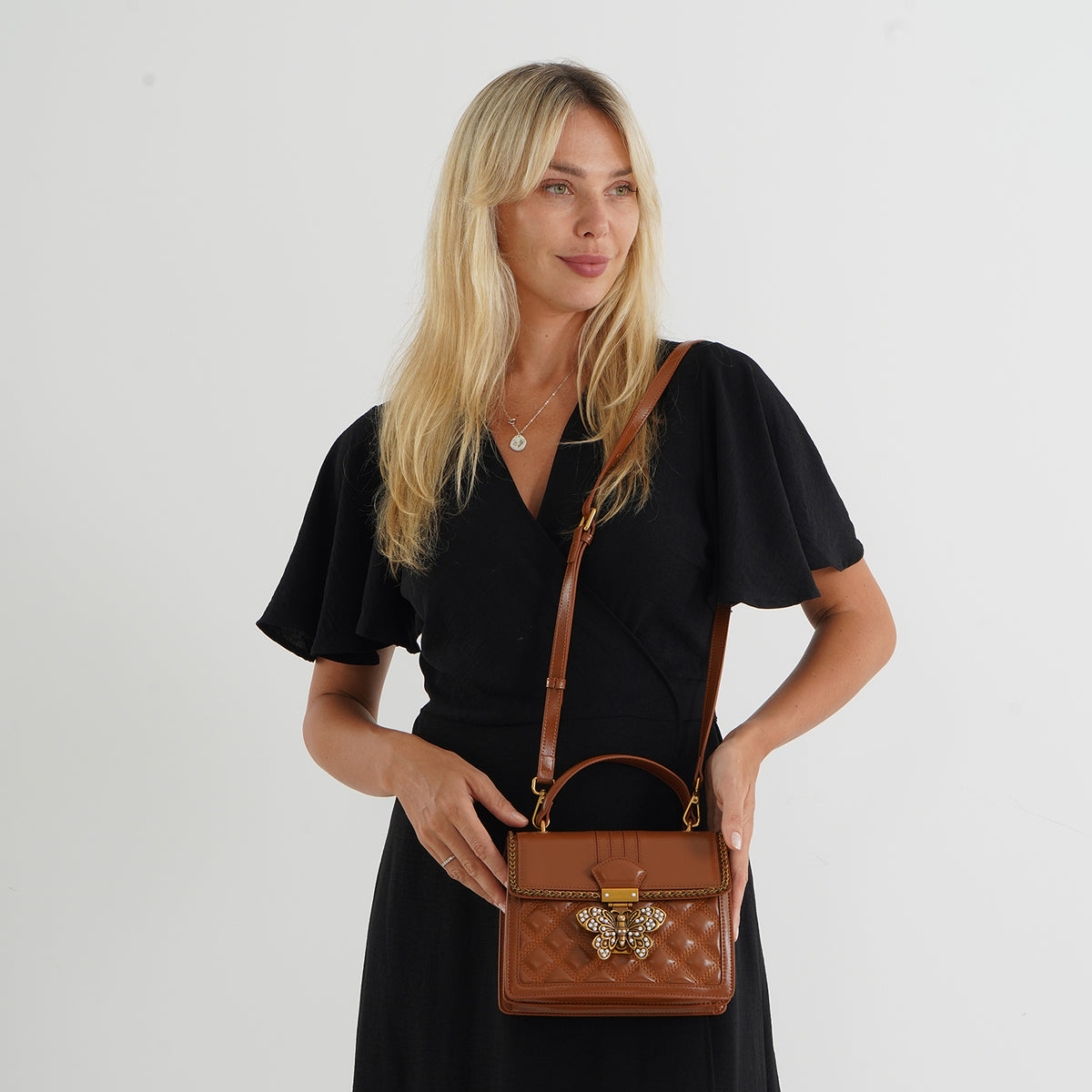 La Marey Signature Genuine Leather Quilted Butterfly Top Handle Bag with Crossbody Strap - Brown V32613629 2