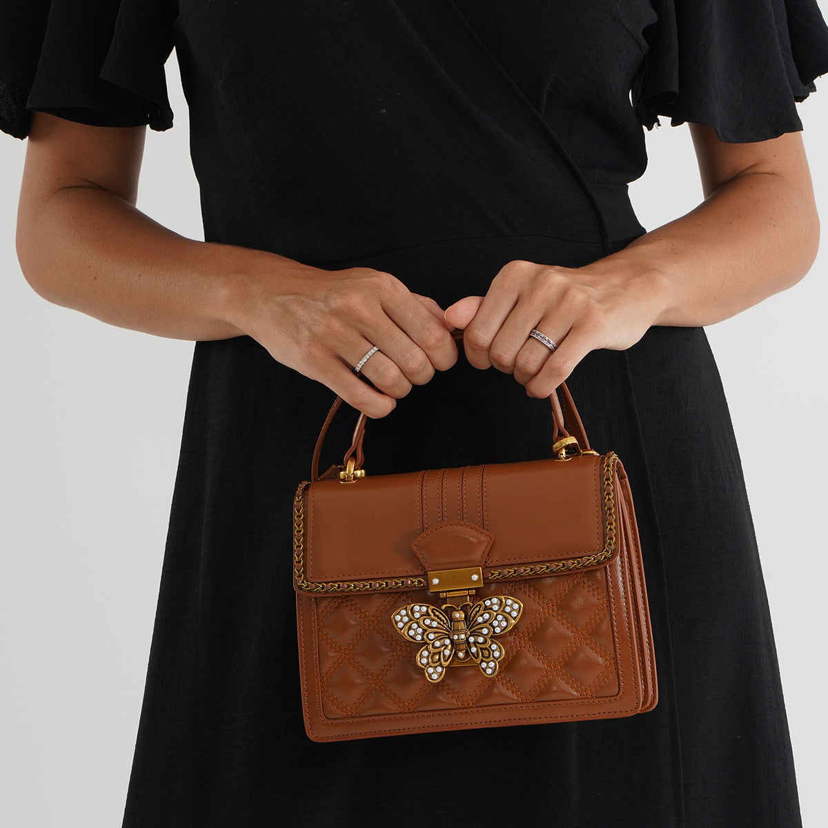 La Marey Signature Genuine Leather Quilted Butterfly Top Handle Bag with Crossbody Strap - Brown V32613629 3