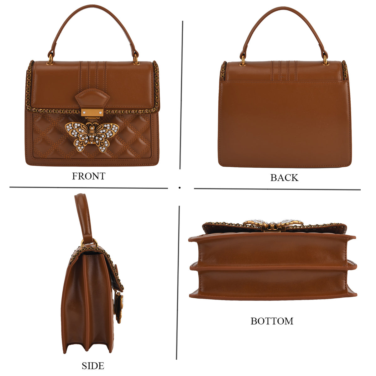 La Marey Signature Genuine Leather Quilted Butterfly Top Handle Bag with Crossbody Strap - Brown V32613629 4