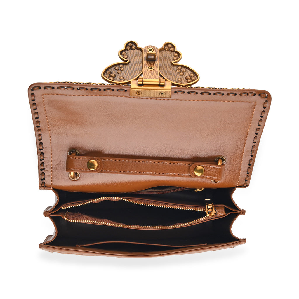 La Marey Signature Genuine Leather Quilted Butterfly Top Handle Bag with Crossbody Strap - Brown_8565228_4