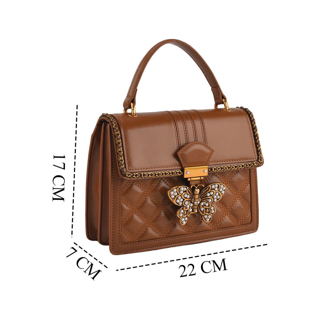 La Marey Signature Genuine Leather Quilted Butterfly Top Handle Bag with Crossbody Strap - Brown_8565228_5