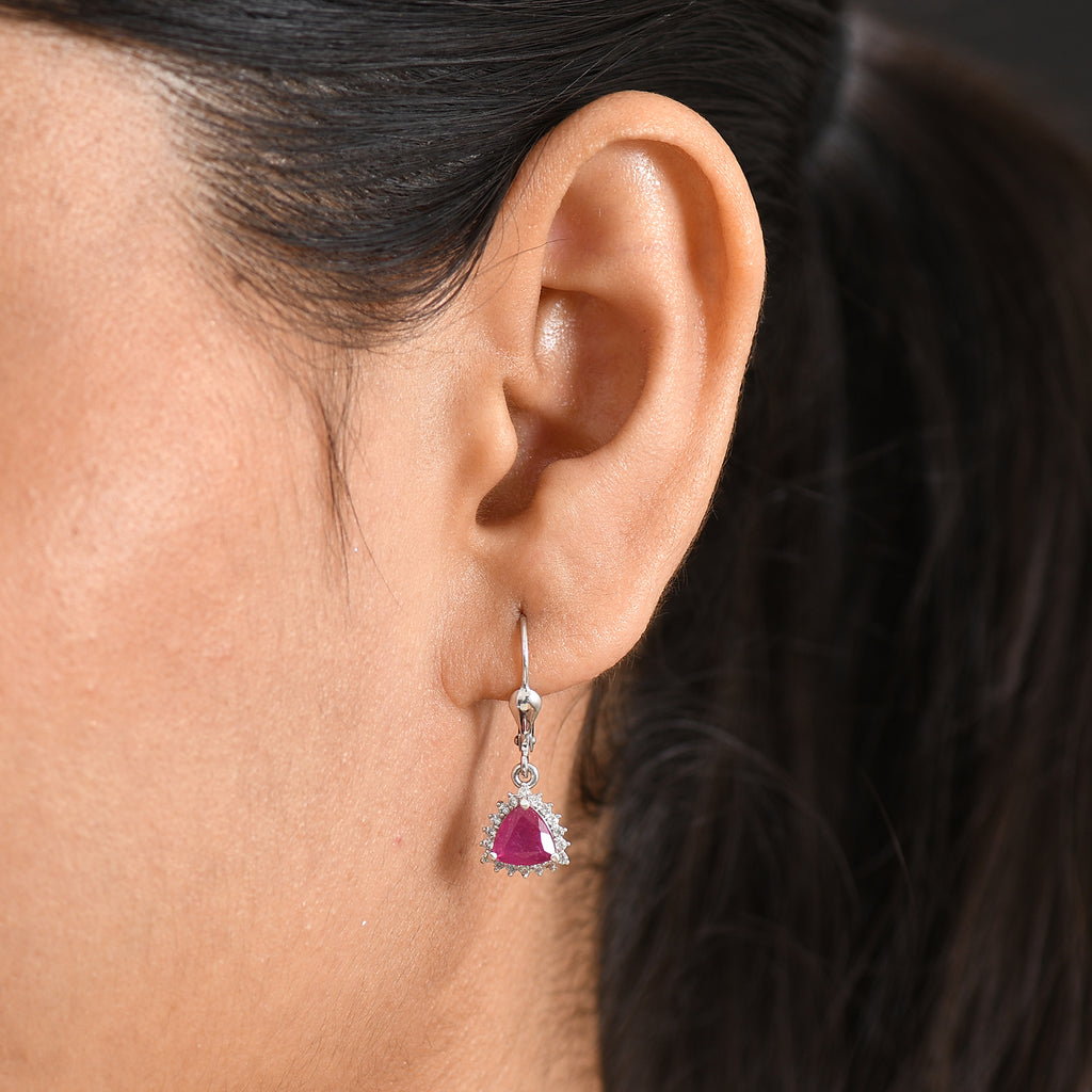 Royal Bali Collection - D'Joy African Ruby & White Zircon Trillion Cut Halo Earring with Lever Back in Rhodium Overlay Sterling Silver 2.72 Ct._8565234_1