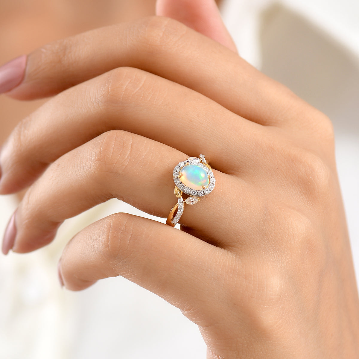 D'Joy Ethiopian Opal &amp; Moissanite Halo Ring in 18K Vermeil Yellow Gold Plated Sterling Silver 1.50 Ct. 8565263 2