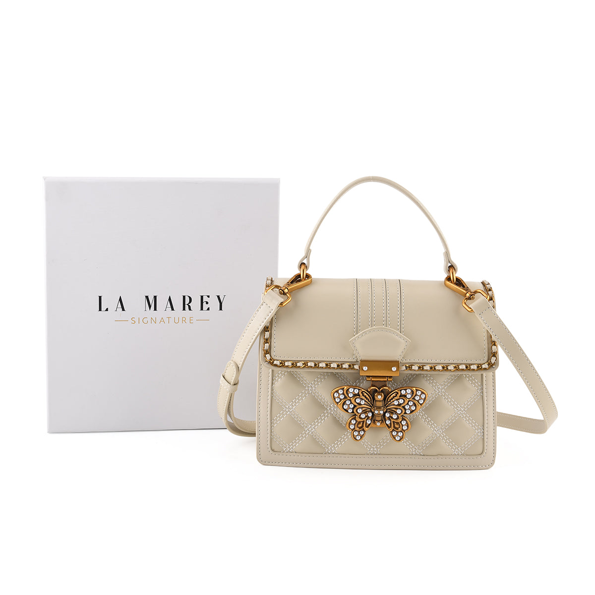 La Marey Signature Genuine Leather Quilted Butterfly Top Handle Bag with Crossbody Strap - Off White V32605335 0