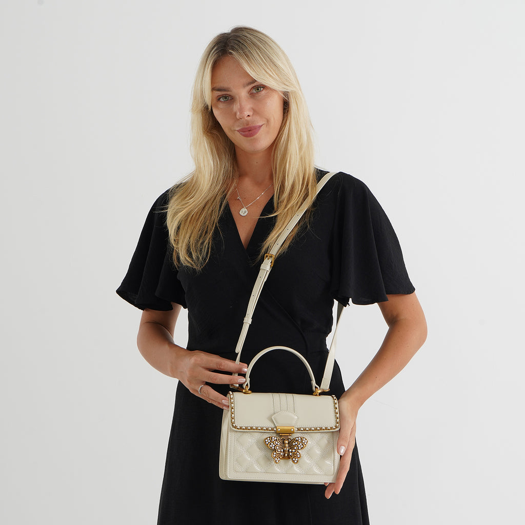 La Marey Signature Genuine Leather Quilted Butterfly Top Handle Bag with Crossbody Strap - Off White_8565294_1
