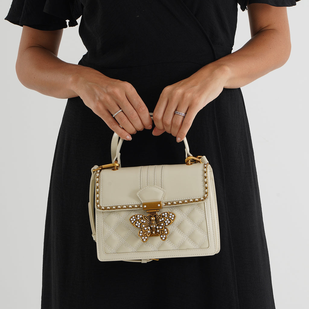 La Marey Signature Genuine Leather Quilted Butterfly Top Handle Bag with Crossbody Strap - Off White_8565294_2