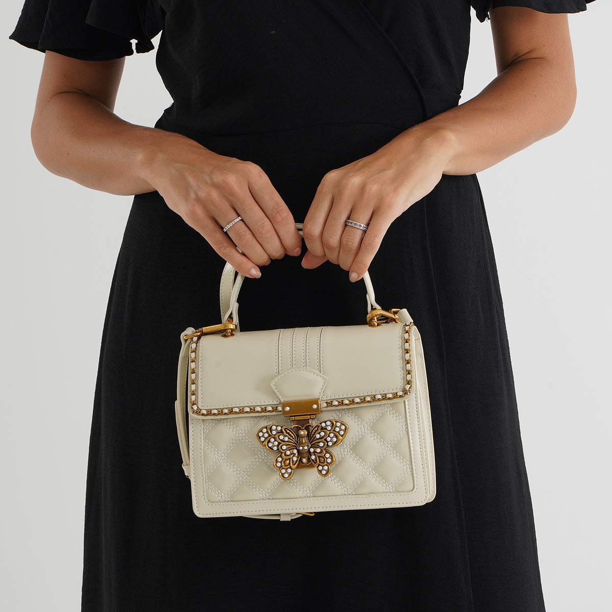 La Marey Signature Genuine Leather Quilted Butterfly Top Handle Bag with Crossbody Strap - Off White V32605335 3