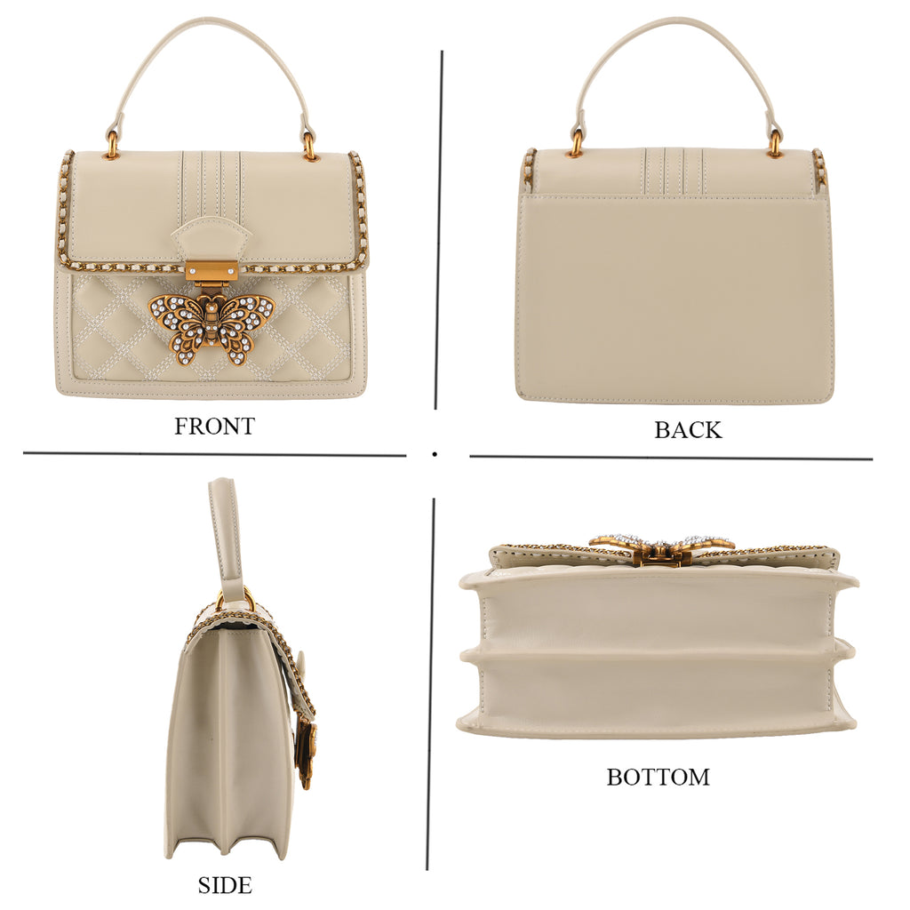 La Marey Signature Genuine Leather Quilted Butterfly Top Handle Bag with Crossbody Strap - Off White_8565294_3