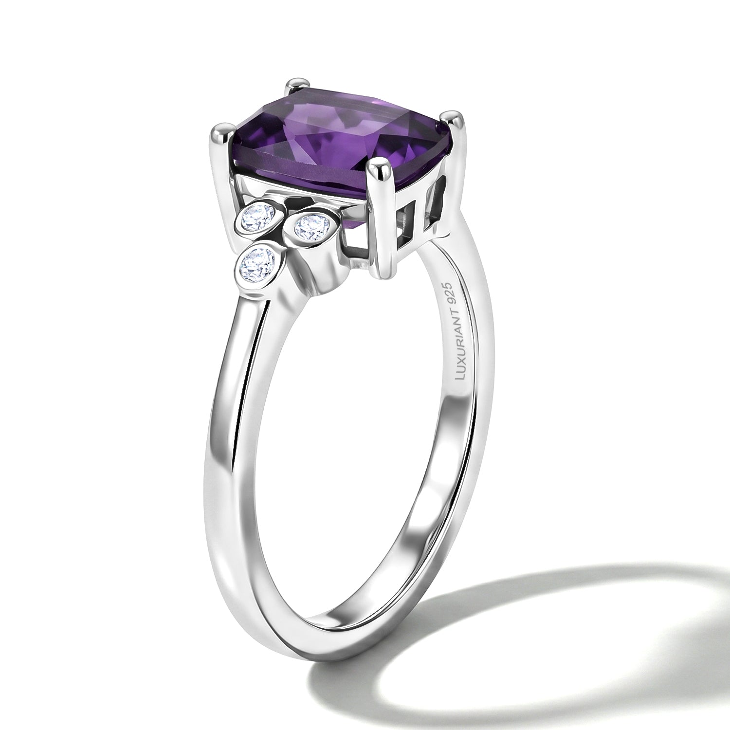 Luxuriant African Amethyst, Lab Grown Diamond Main Stone With Side Stone Ring in Rhodium OverlaySterling Silver  1.490  Ct. V32521378 2